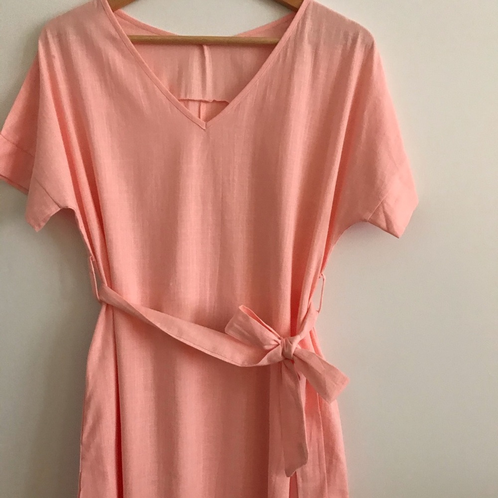 Peach Linen T-shirt Dress with Bow Tie and Pockets